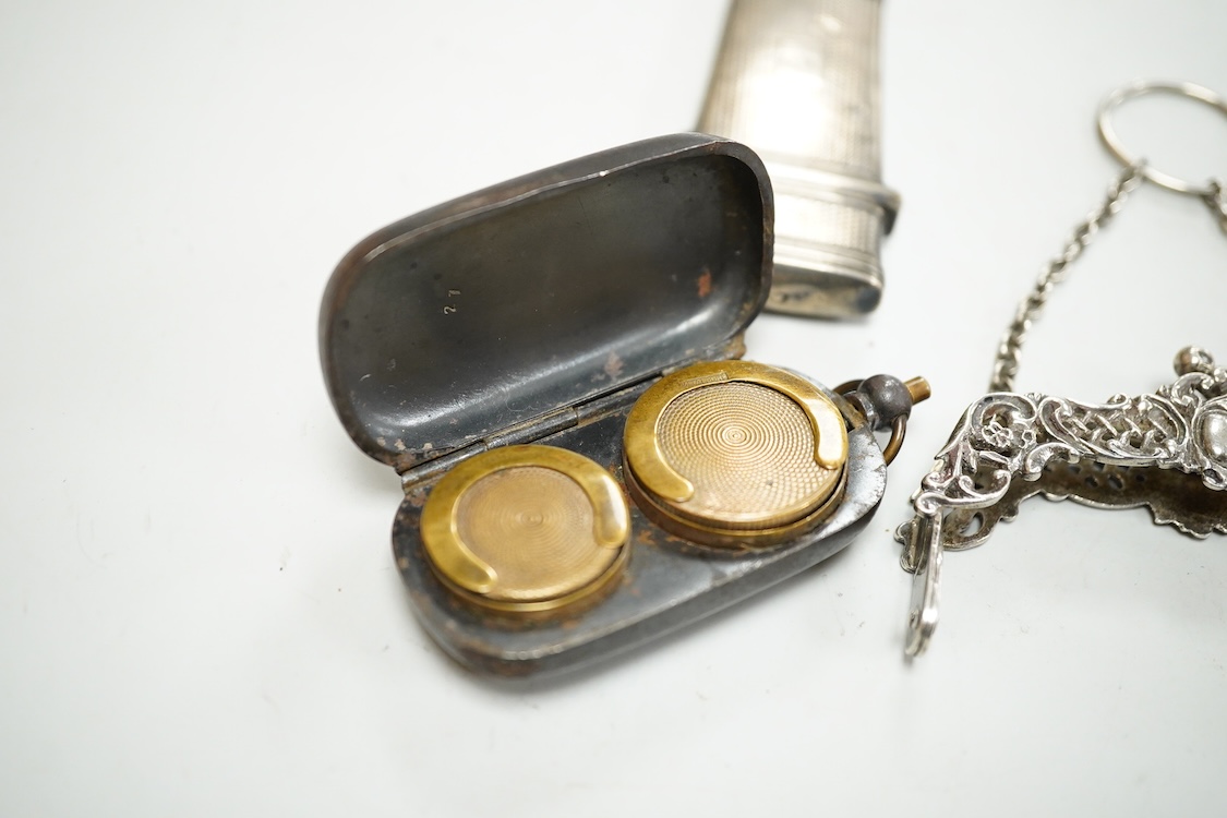 A William IV engine turned silver etui case, maker GC, London, 1836, 61mm, together with a silver purse mount, amethyst? set fob seal and a base metal sovereign case.